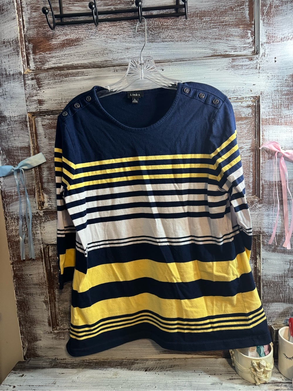 Links Navy Yellow White Striped Button-Shoulder Top
